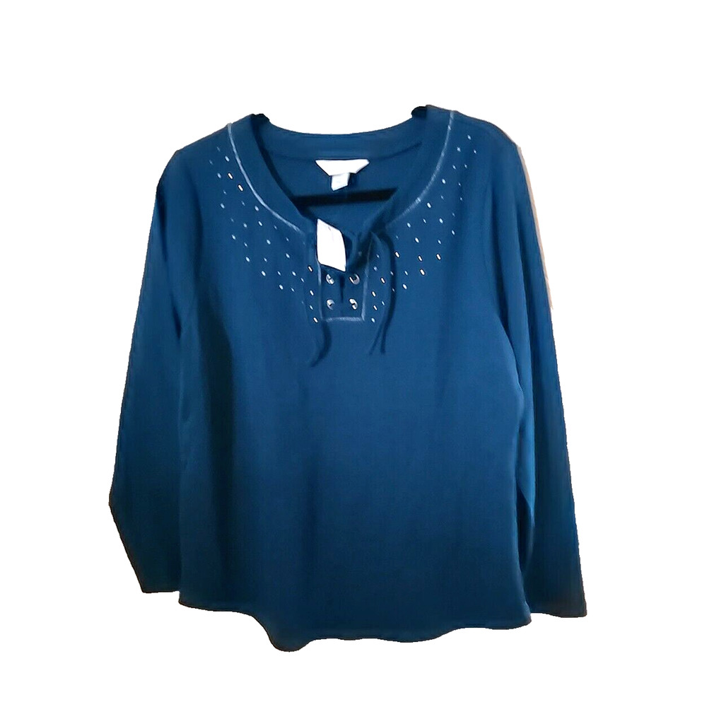 NWT CJ Banks Teal Rhinestones Lace Up Long Sleeve Casual Top Womans Size 14W